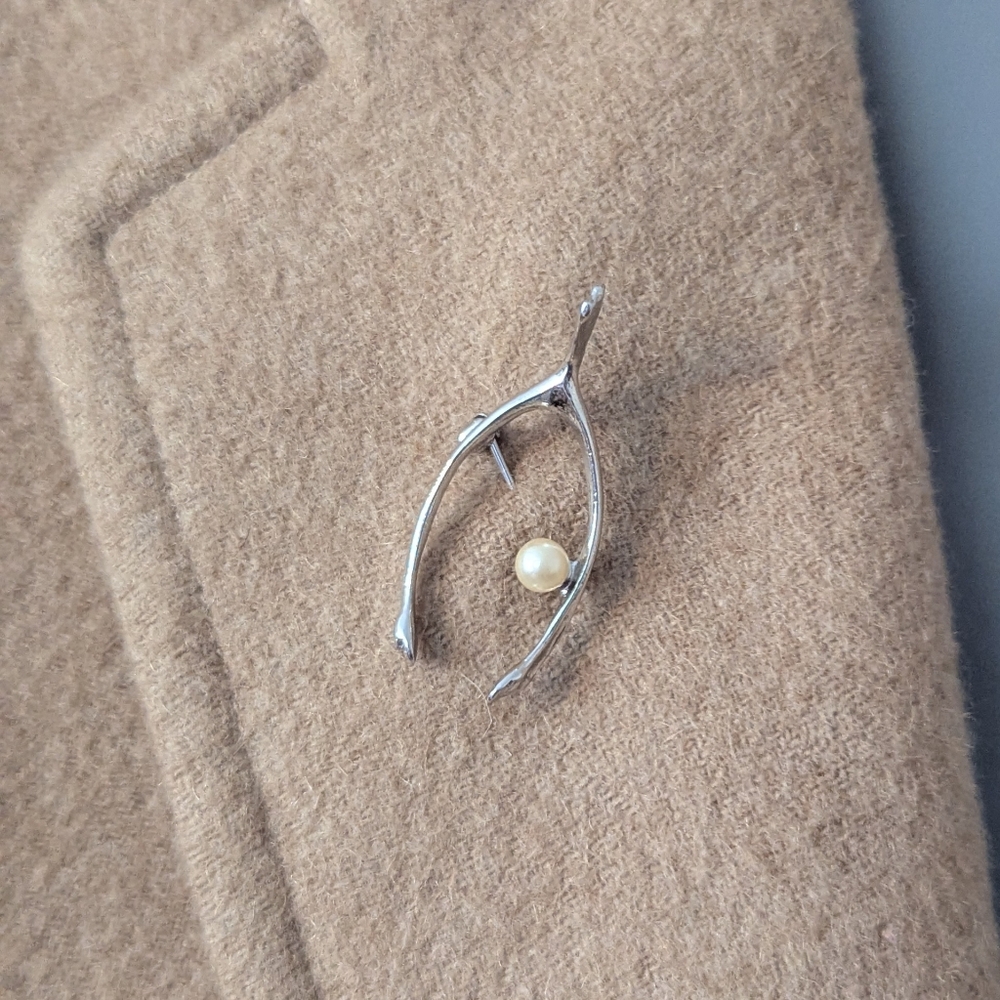Beau Sterling Wish Bone Pin Vintage Pearl Brooch Lucky Wishes